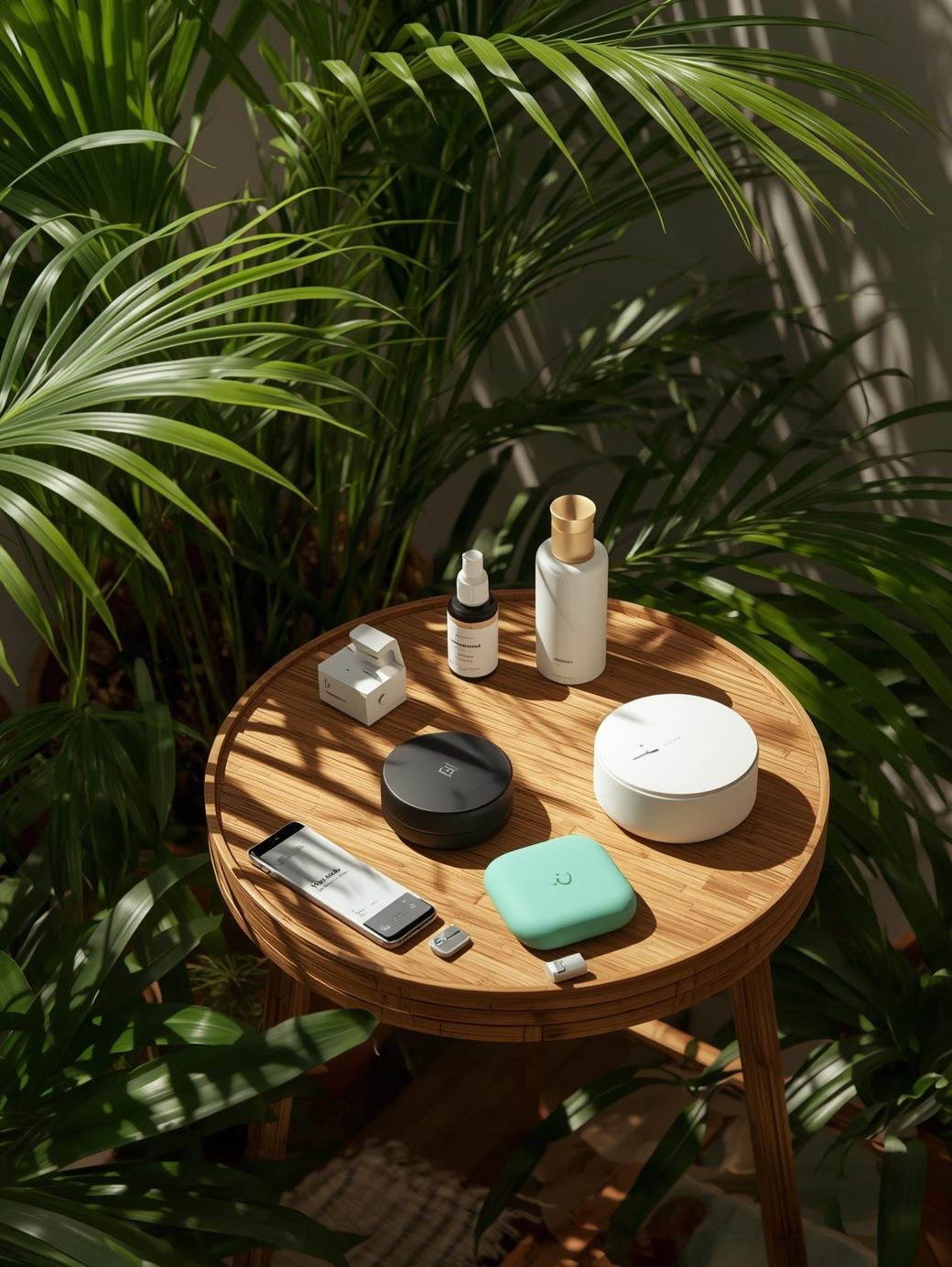 Smart wellness gadgets placed in a natural environment bamboo table plants sunlight eco friendly tech aesthetic minimal lifestyle soft shadows realistic photography VibBoost – Elevate Your Wellness